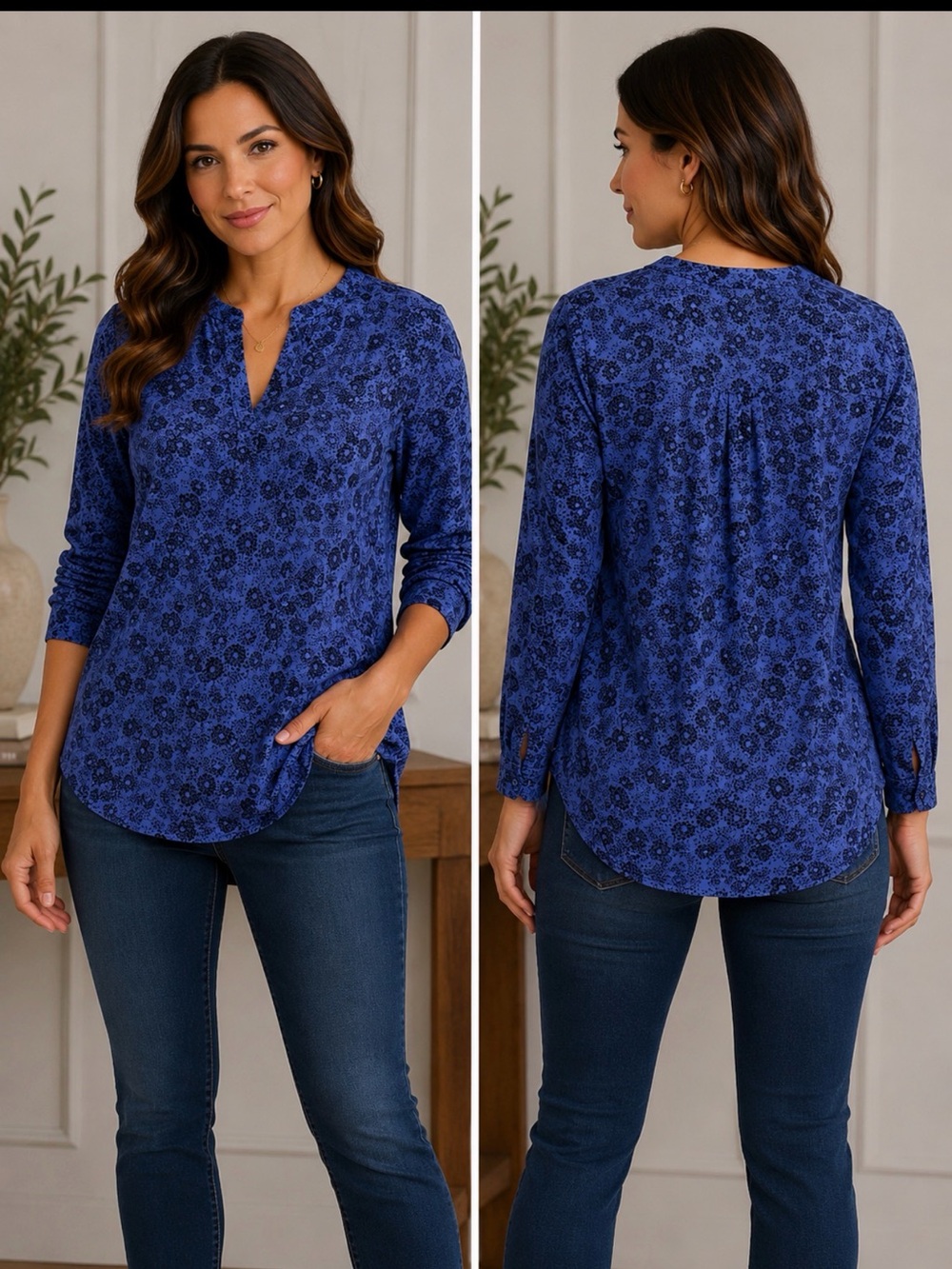 Dana Buchman Blue Floral Split-Neck Tunic Top